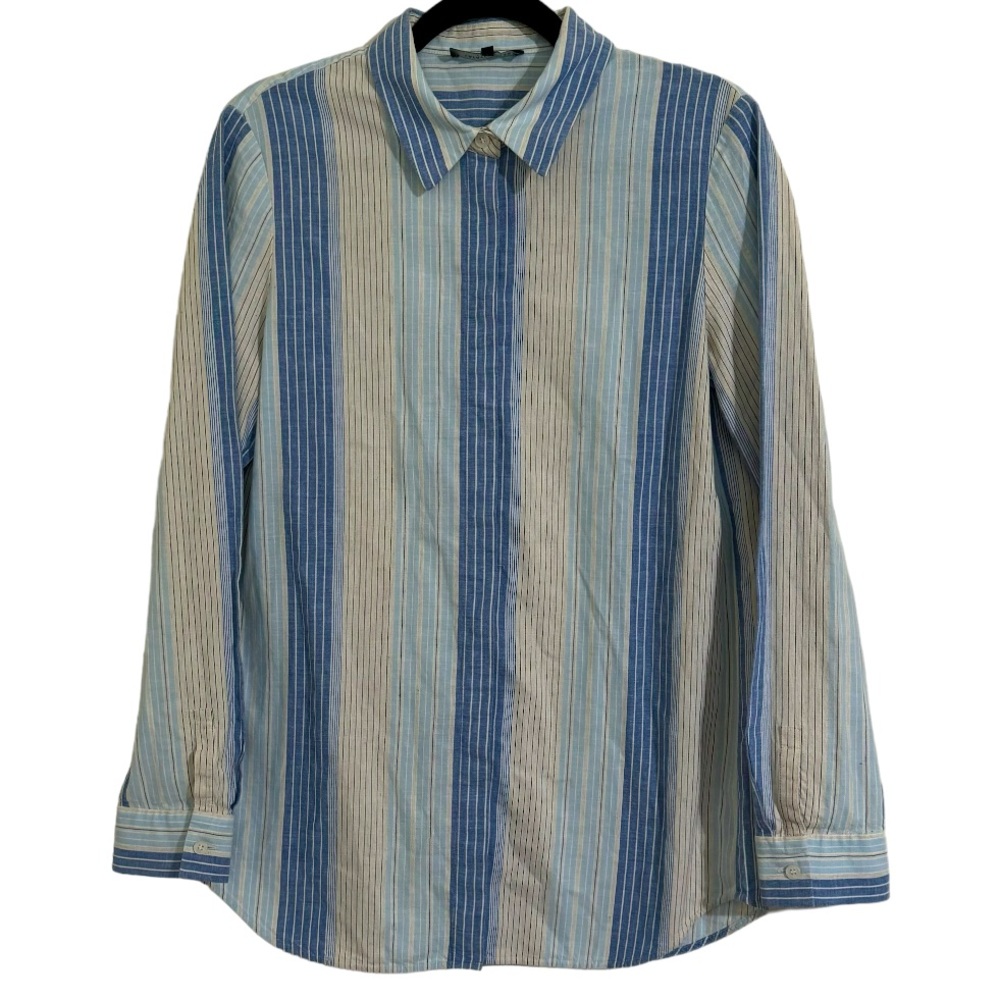 Lafayette 148 Womens Linen Blend Striped Button Down Collared Long Sleeve Medium